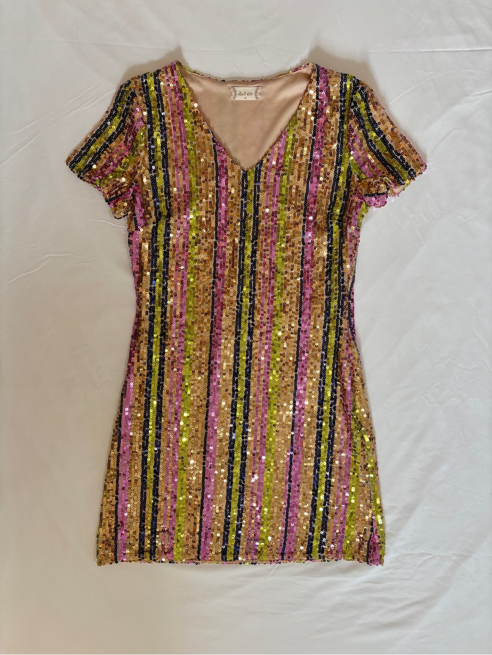 Altar'd State Pink Gold Green Striped Sequin Mini Dress